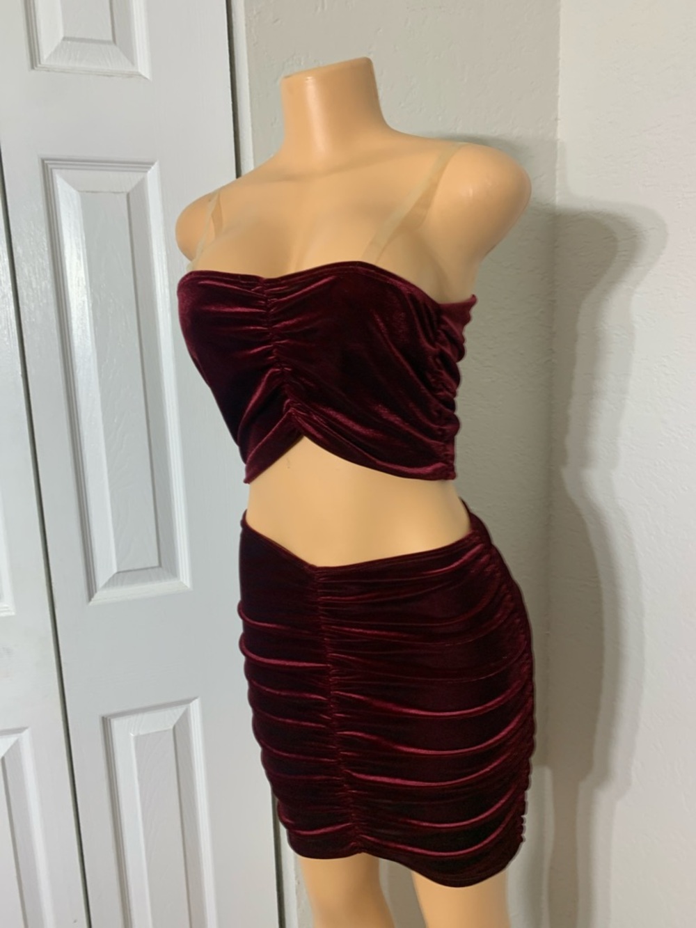 Velvet Ruched Burgundy Two-Piece Set - Picture 4 of 8